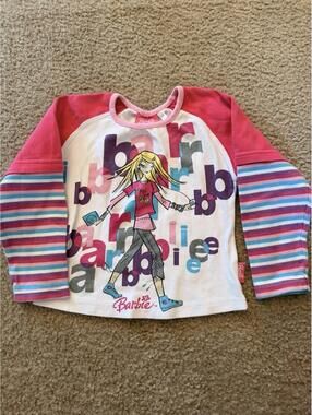 Y2K Vintage Barbie Girls Graphic Long Sleeve Top Pink Striped Layered Look 3T